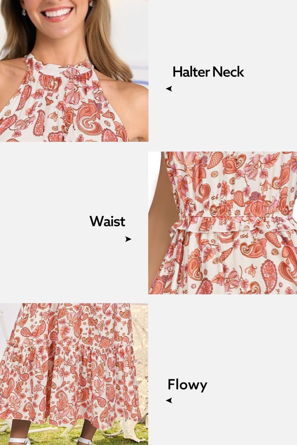 imageNewshows Womens 2025 Summer Vacation Outfits Halter Neck Floral Tiered Ruffled Flowy Casual Beach Boho Long Maxi DressPaisley Orange