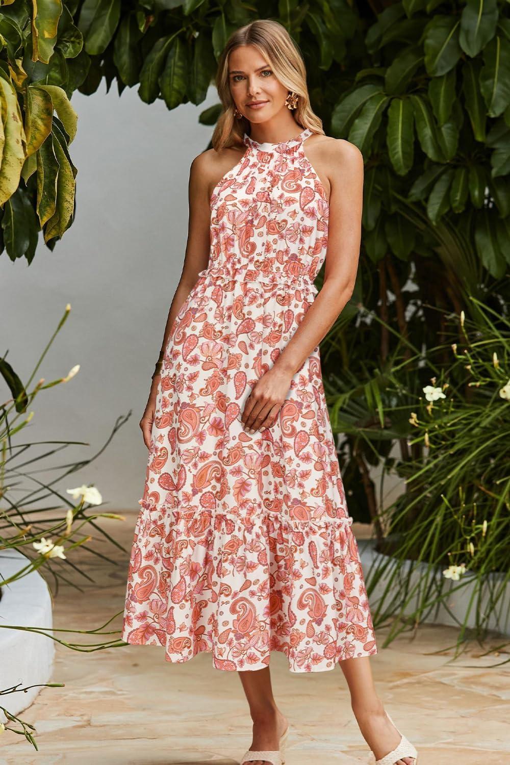 imageNewshows Womens 2025 Summer Vacation Outfits Halter Neck Floral Tiered Ruffled Flowy Casual Beach Boho Long Maxi DressPaisley Orange