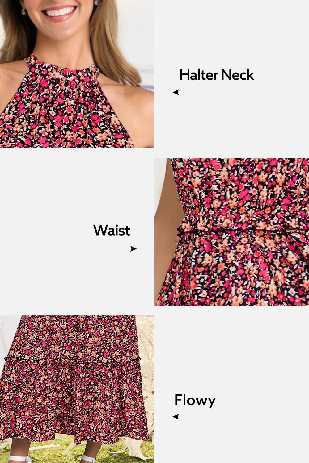 imageNewshows Womens 2025 Summer Vacation Outfits Halter Neck Floral Tiered Ruffled Flowy Casual Beach Boho Long Maxi DressPink Disty Floral Orange