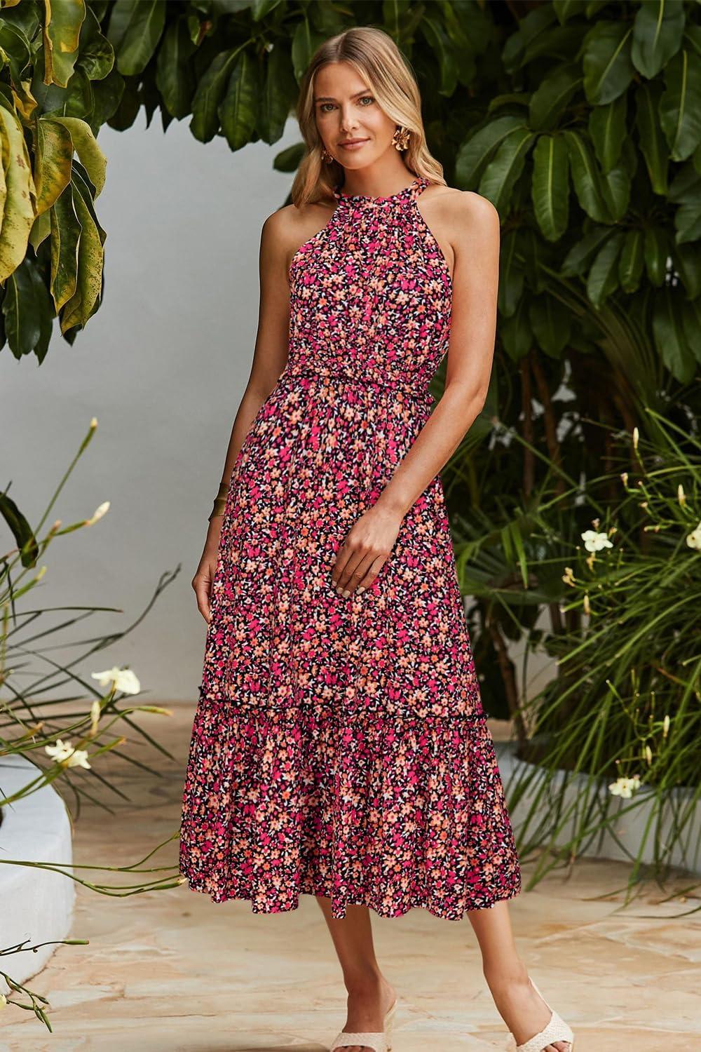 imageNewshows Womens 2025 Summer Vacation Outfits Halter Neck Floral Tiered Ruffled Flowy Casual Beach Boho Long Maxi DressPink Disty Floral Orange