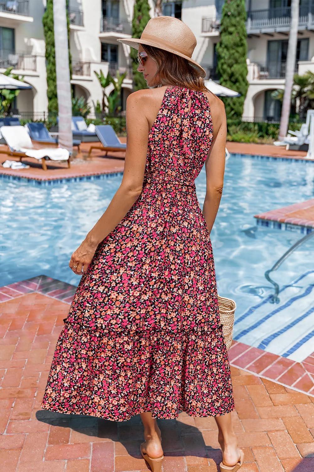 imageNewshows Womens 2025 Summer Vacation Outfits Halter Neck Floral Tiered Ruffled Flowy Casual Beach Boho Long Maxi DressPink Disty Floral Orange