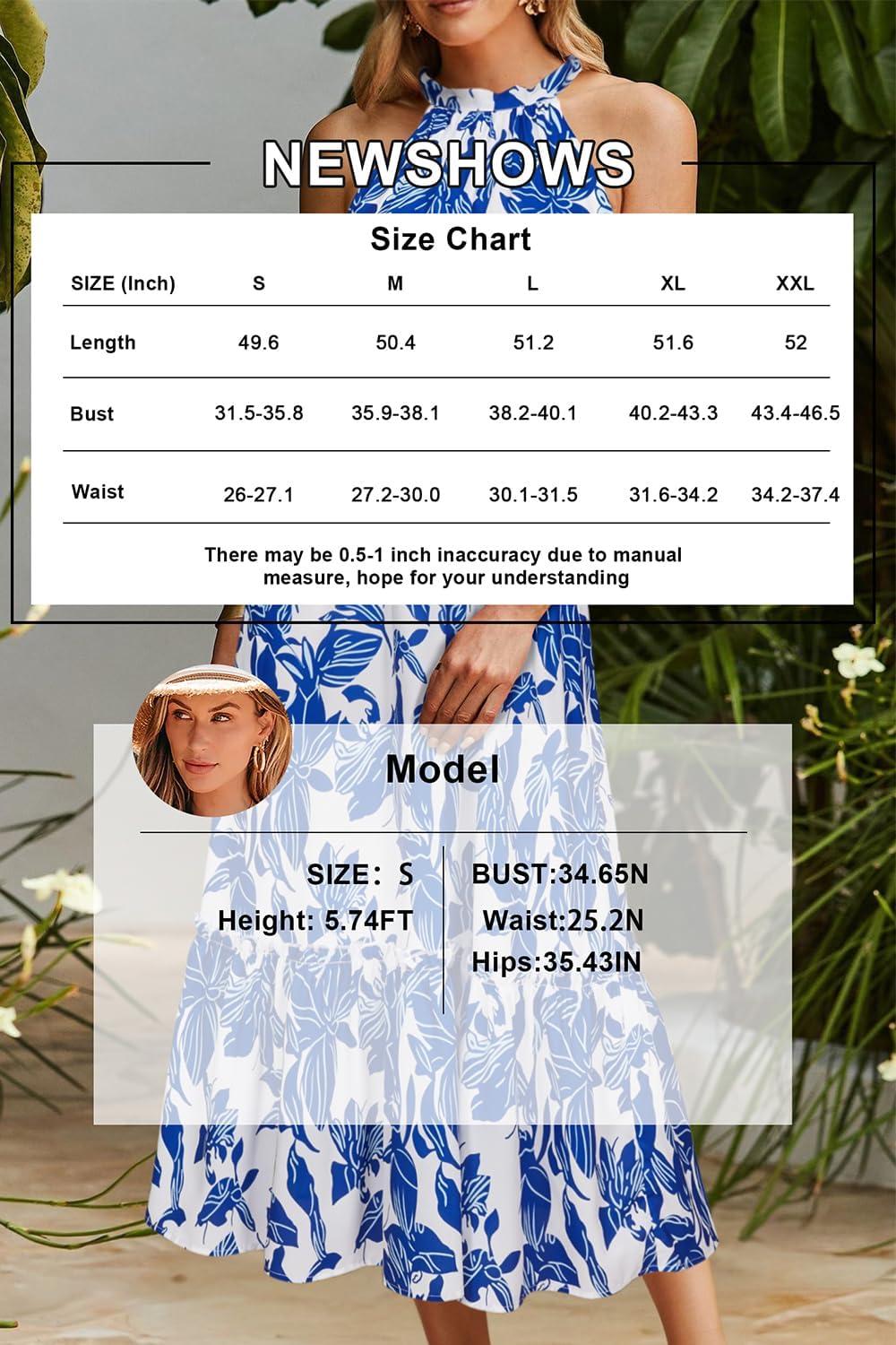 imageNewshows Womens 2025 Summer Vacation Outfits Halter Neck Floral Tiered Ruffled Flowy Casual Beach Boho Long Maxi DressWhite Floral Leaf Blue