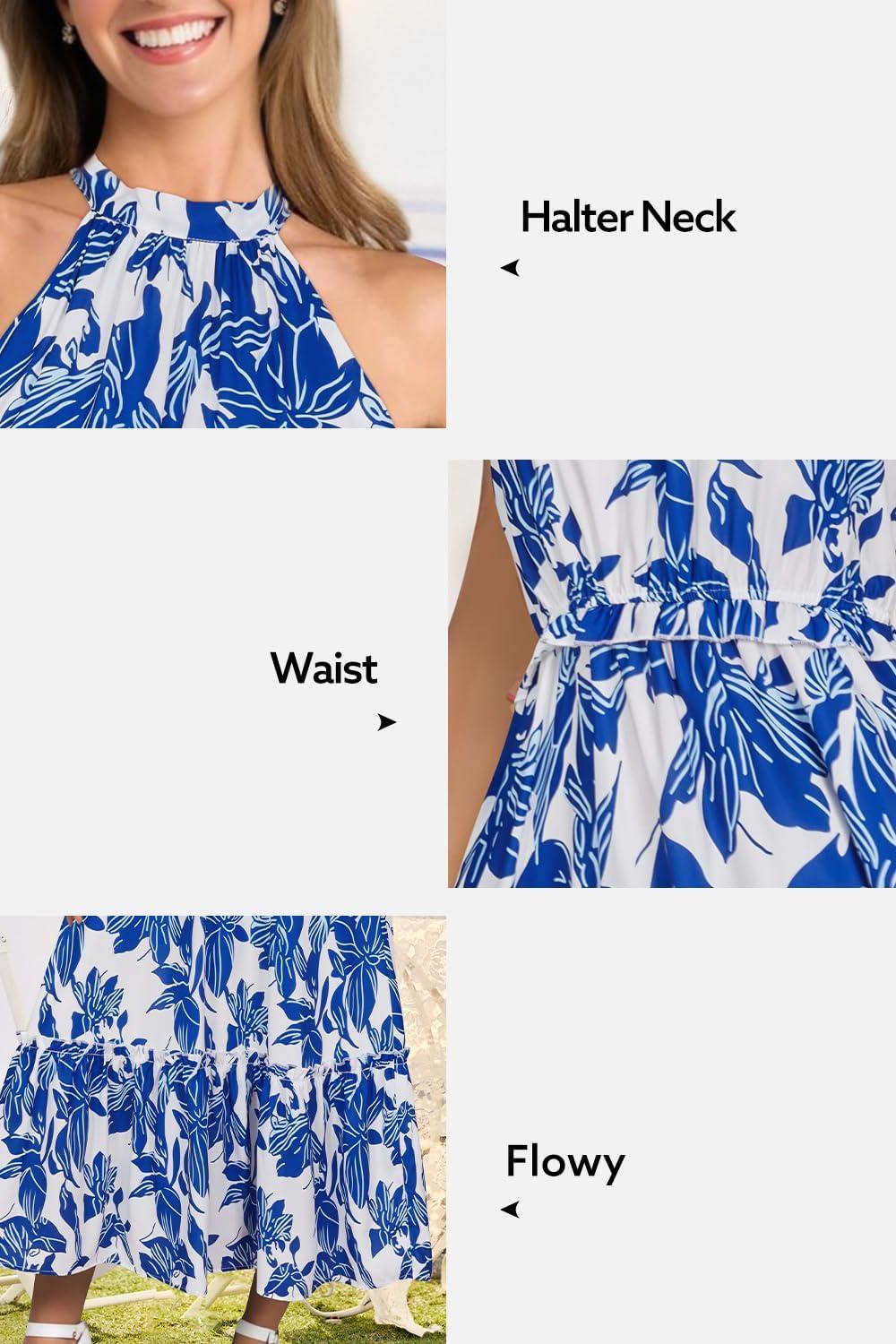 imageNewshows Womens 2025 Summer Vacation Outfits Halter Neck Floral Tiered Ruffled Flowy Casual Beach Boho Long Maxi DressWhite Floral Leaf Blue
