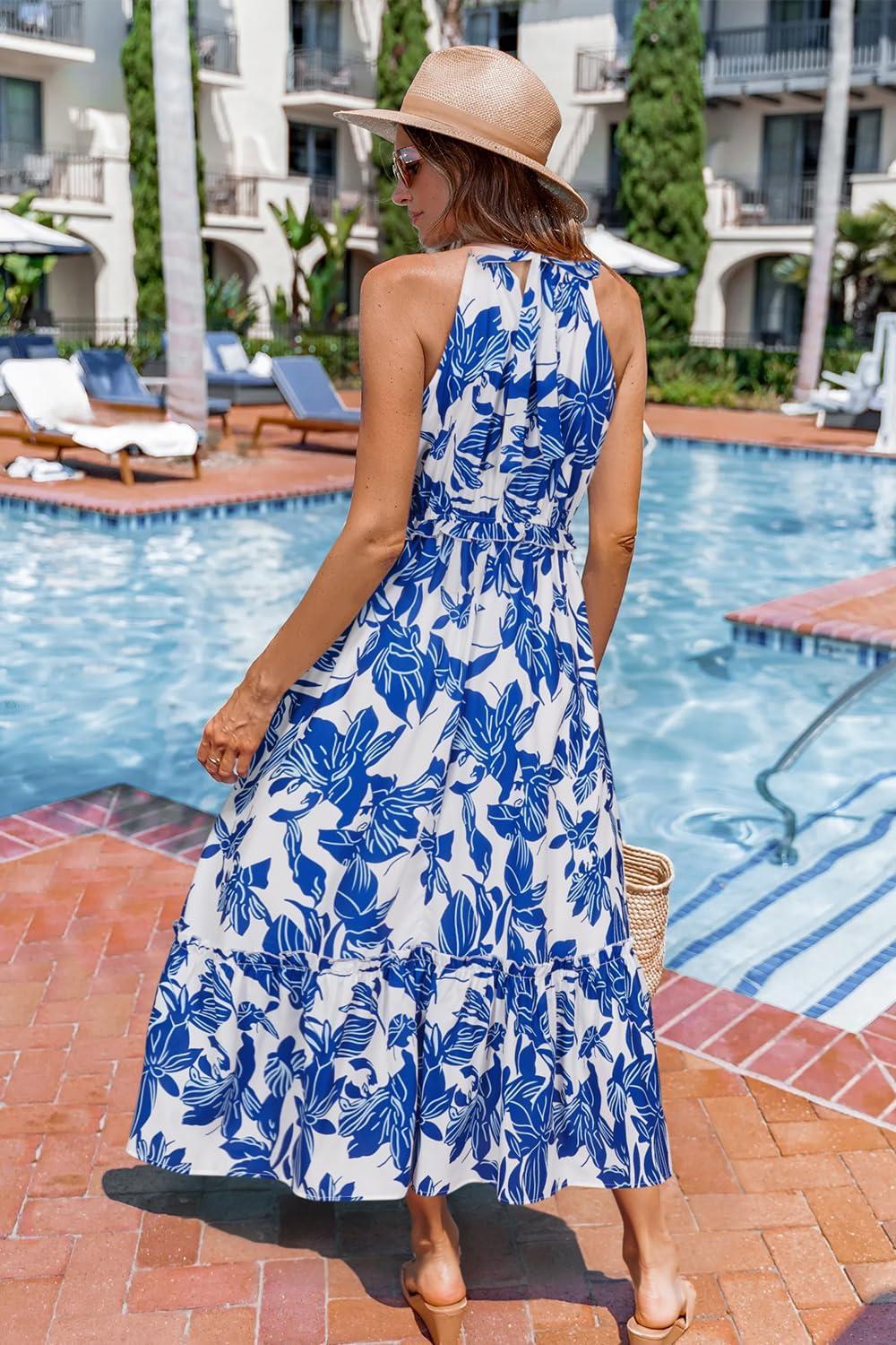 imageNewshows Womens 2025 Summer Vacation Outfits Halter Neck Floral Tiered Ruffled Flowy Casual Beach Boho Long Maxi DressWhite Floral Leaf Blue