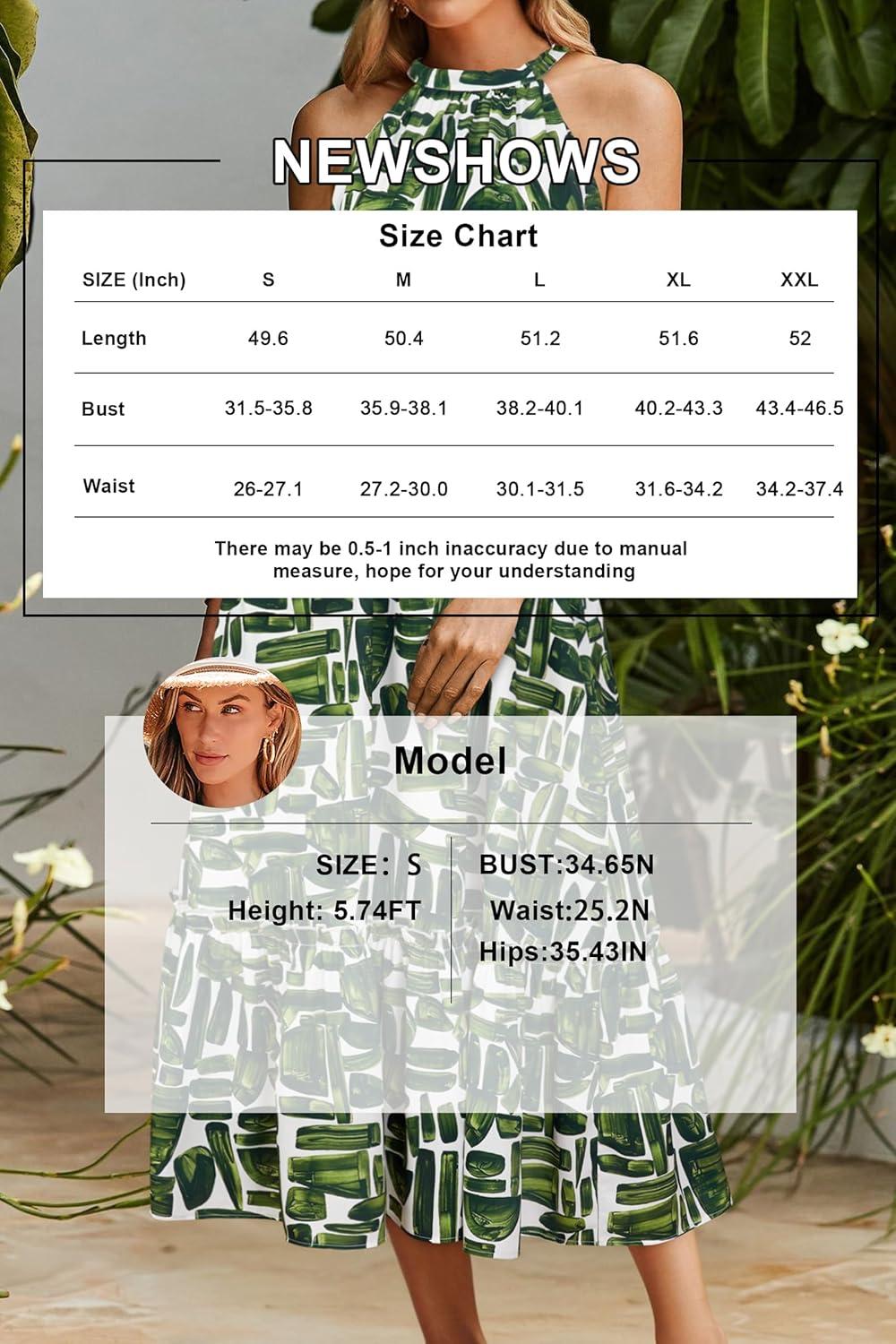 imageNewshows Womens 2025 Summer Vacation Outfits Halter Neck Floral Tiered Ruffled Flowy Casual Beach Boho Long Maxi DressWhite Green Leaf