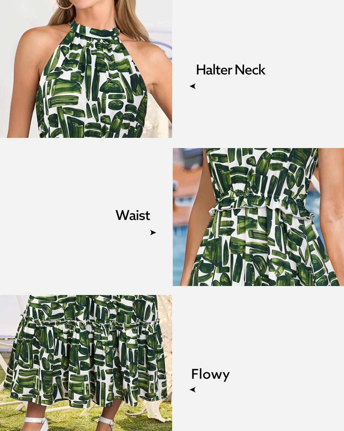 imageNewshows Womens 2025 Summer Vacation Outfits Halter Neck Floral Tiered Ruffled Flowy Casual Beach Boho Long Maxi DressWhite Green Leaf