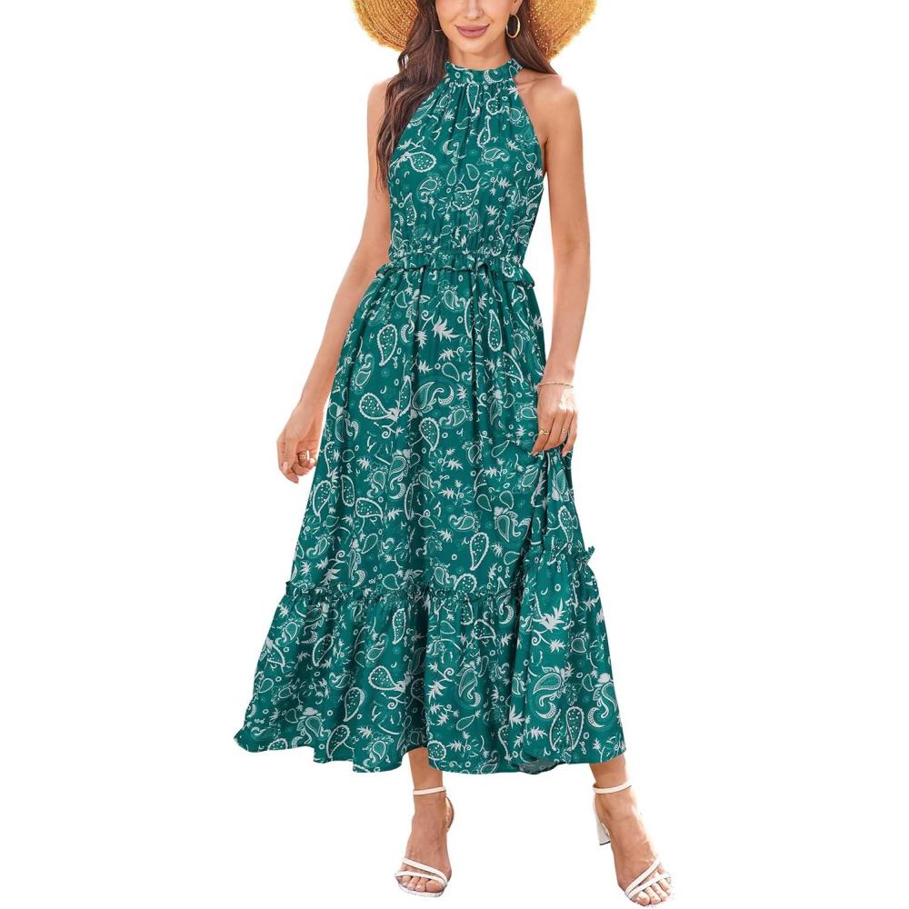 imageNewshows Womens 2025 Summer Vacation Outfits Halter Neck Floral Tiered Ruffled Flowy Casual Beach Boho Long Maxi DressGreen White Floral
