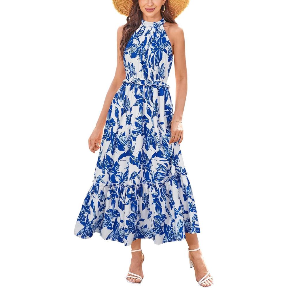 imageNewshows Womens 2025 Summer Vacation Outfits Halter Neck Floral Tiered Ruffled Flowy Casual Beach Boho Long Maxi DressWhite Floral Leaf Blue