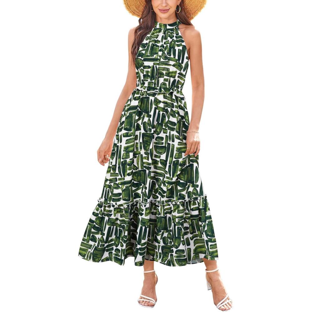 imageNewshows Womens 2025 Summer Vacation Outfits Halter Neck Floral Tiered Ruffled Flowy Casual Beach Boho Long Maxi DressWhite Green Leaf
