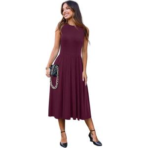 Newshows Women 2025 Work Dress Sleeveless Crew Neck Office Business Casual Outfits Midi Elegant Dresses with Pockets(Dark Red)