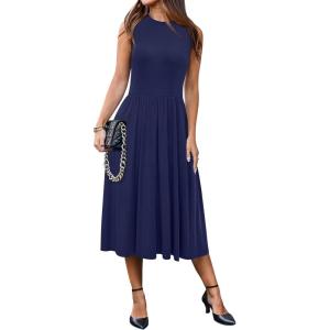 Newshows Women 2025 Work Dress Sleeveless Crew Neck Office Business Casual Outfits Midi Elegant Dresses with Pockets(Navy Blue)