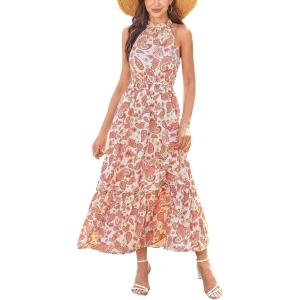 Newshows Womens 2025 Summer Vacation Outfits Halter Neck Floral Tiered Ruffled Flowy Casual Beach Boho Long Maxi Dress(Paisley Orange)