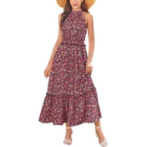 Newshows Womens 2025 Summer Vacation Outfits Halter Neck Floral Tiered Ruffled Flowy Casual Beach Boho Long Maxi Dress(Pink Disty Floral Orange)