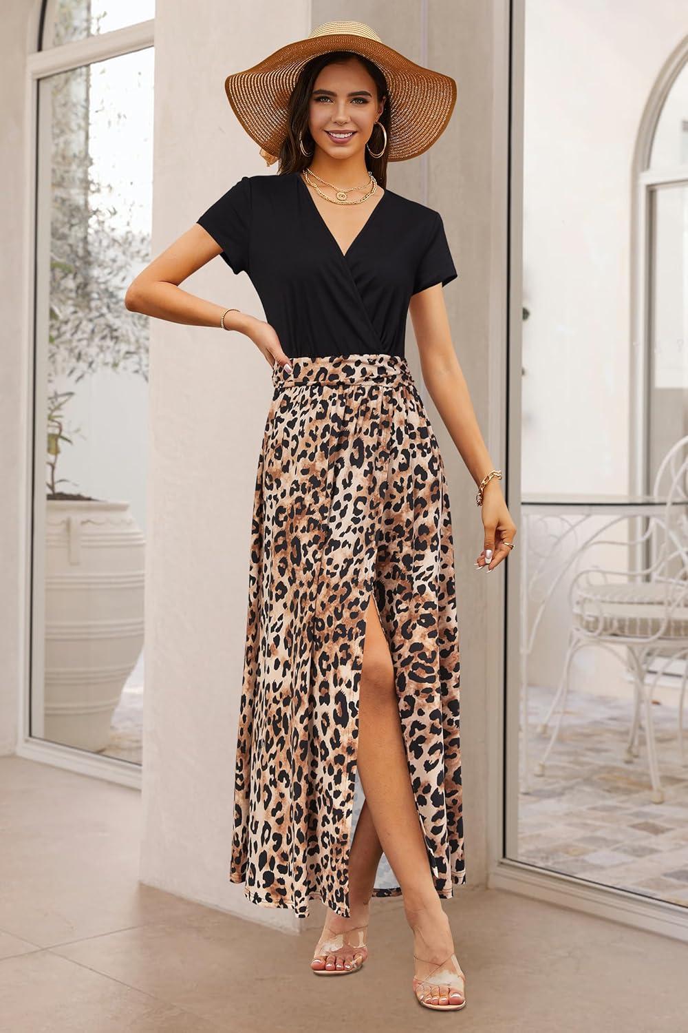 image:imageNewshows Womens 2026 Lightweight Summer Wedding Guest Beach Vacation Casual V Neck Split Flowy Maxi Dress5001brown Leopard