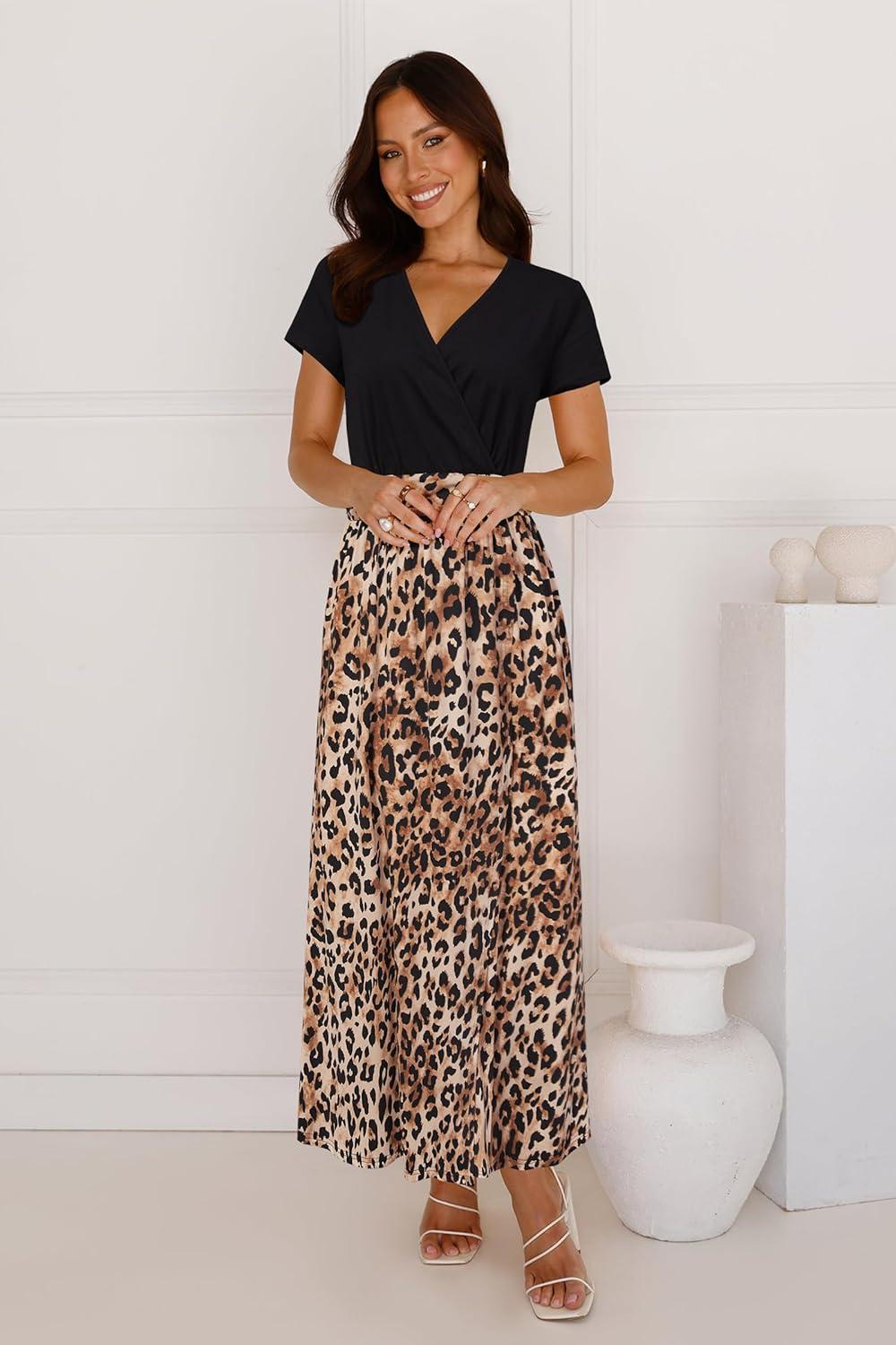 image:imageNewshows Womens 2026 Lightweight Summer Wedding Guest Beach Vacation Casual V Neck Split Flowy Maxi Dress5001brown Leopard
