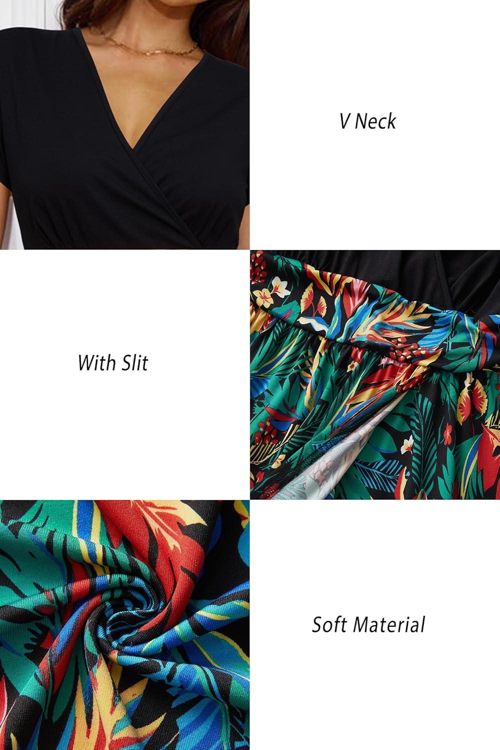 image:imageNewshows Womens 2026 Lightweight Summer Wedding Guest Beach Vacation Casual V Neck Split Flowy Maxi Dress5001red Green Leaf