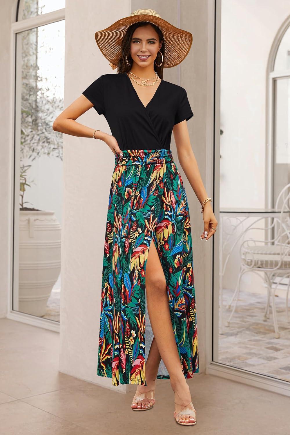 image:imageNewshows Womens 2026 Lightweight Summer Wedding Guest Beach Vacation Casual V Neck Split Flowy Maxi Dress5001red Green Leaf