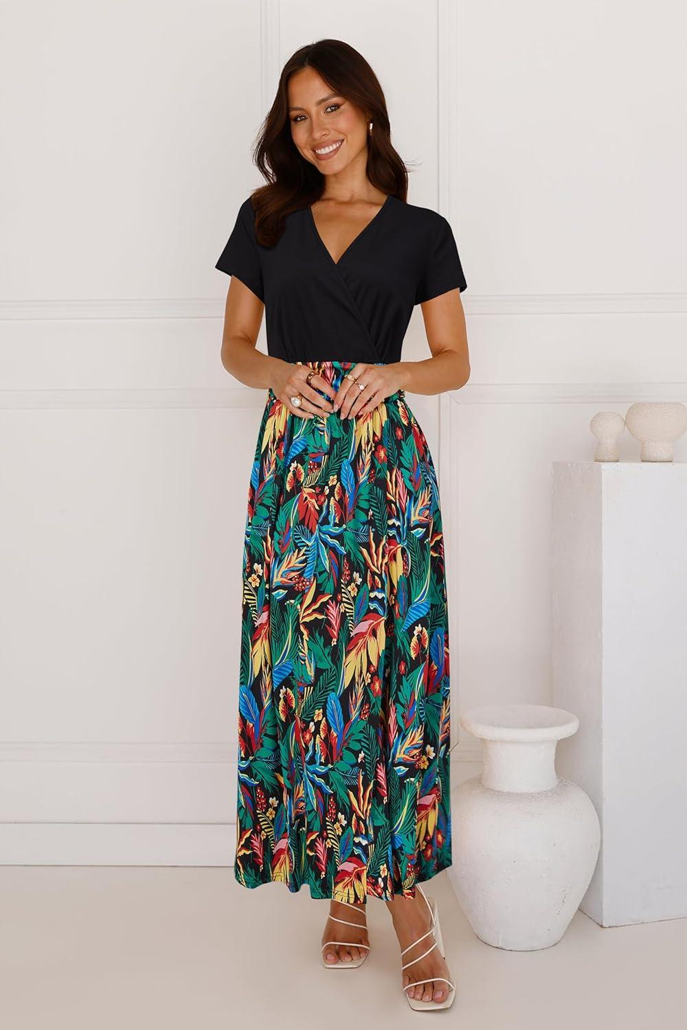 image:imageNewshows Womens 2026 Lightweight Summer Wedding Guest Beach Vacation Casual V Neck Split Flowy Maxi Dress5001red Green Leaf