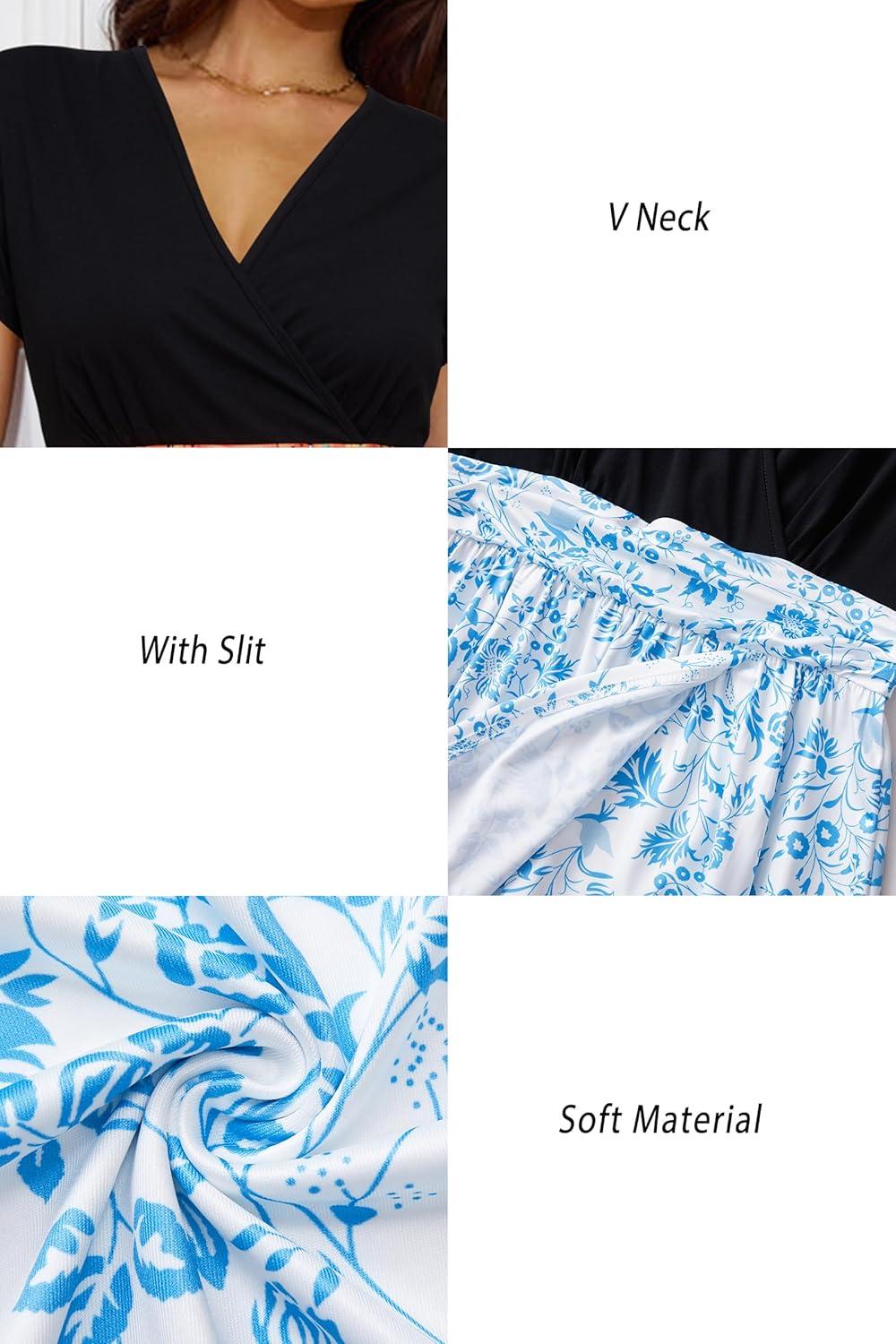 image:imageNewshows Womens 2026 Lightweight Summer Wedding Guest Beach Vacation Casual V Neck Split Flowy Maxi Dress5001white Blue Flower