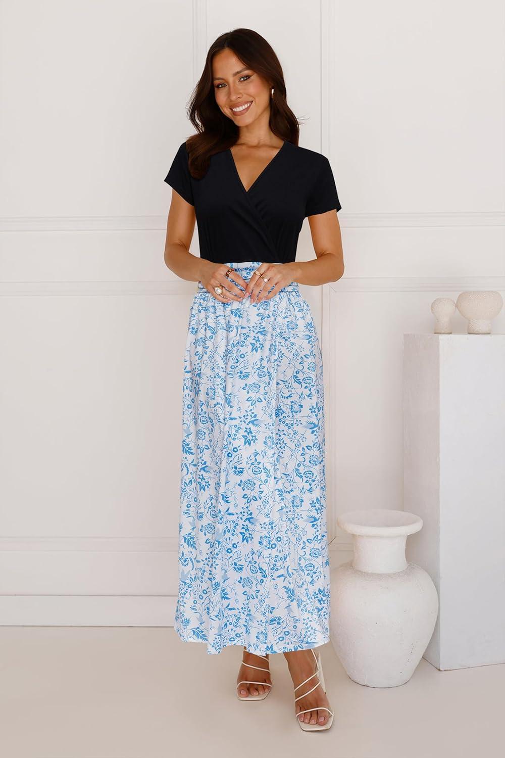image:imageNewshows Womens 2026 Lightweight Summer Wedding Guest Beach Vacation Casual V Neck Split Flowy Maxi Dress5001white Blue Flower