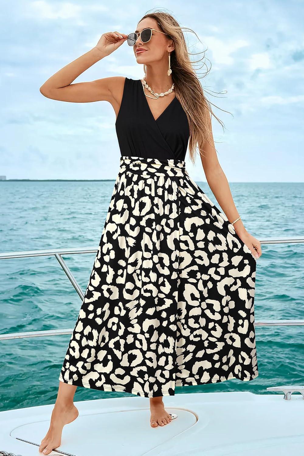 image:imageNewshows Womens 2026 Lightweight Summer Wedding Guest Beach Vacation Casual V Neck Split Flowy Maxi Dress5121black Apricot Leopard
