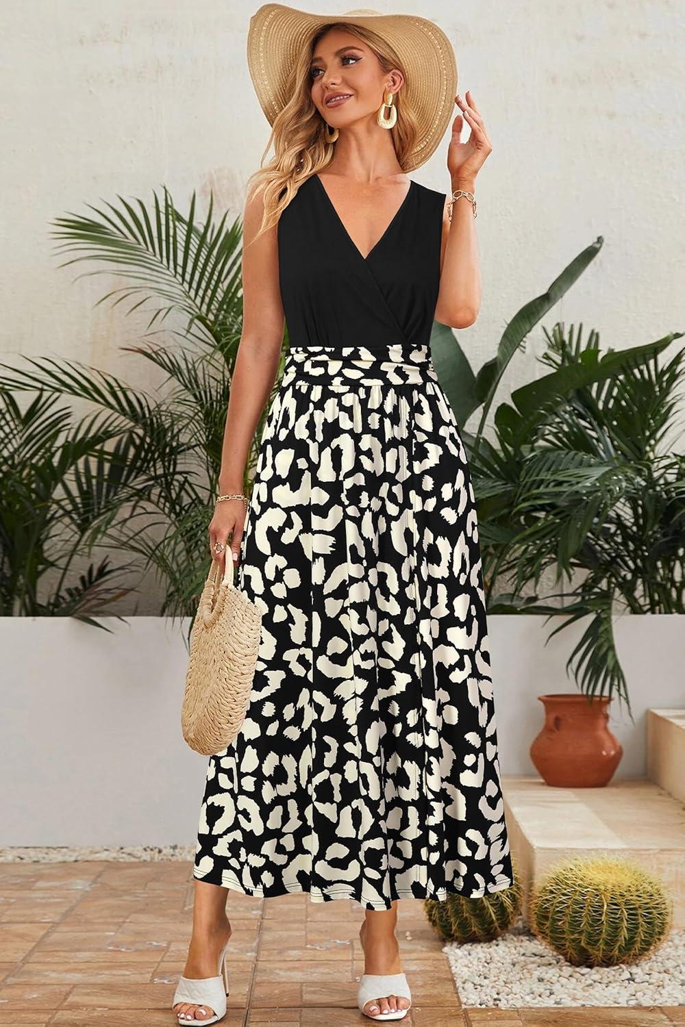 image:imageNewshows Womens 2026 Lightweight Summer Wedding Guest Beach Vacation Casual V Neck Split Flowy Maxi Dress5121black Apricot Leopard