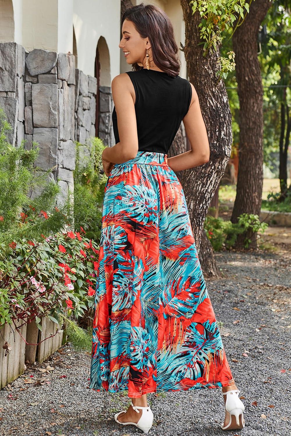 image:imageNewshows Womens 2026 Lightweight Summer Wedding Guest Beach Vacation Casual V Neck Split Flowy Maxi Dress5121orange Blue Tropical Leaf