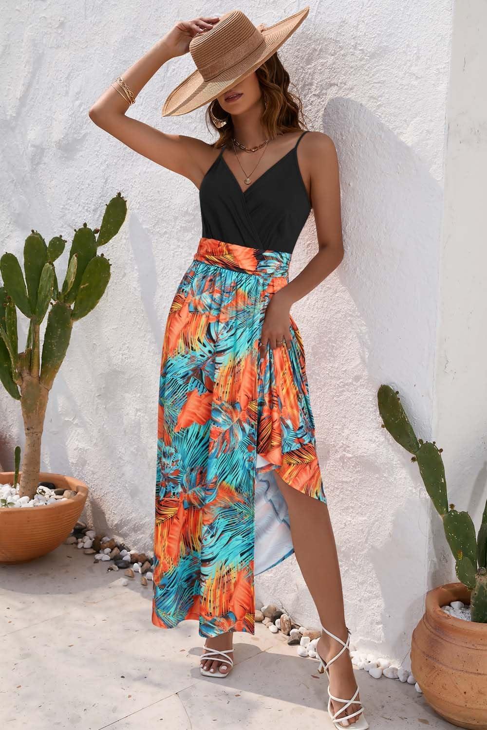 image:imageNewshows Womens 2026 Lightweight Summer Wedding Guest Beach Vacation Casual V Neck Split Flowy Maxi DressBlack Floral Blue Orange