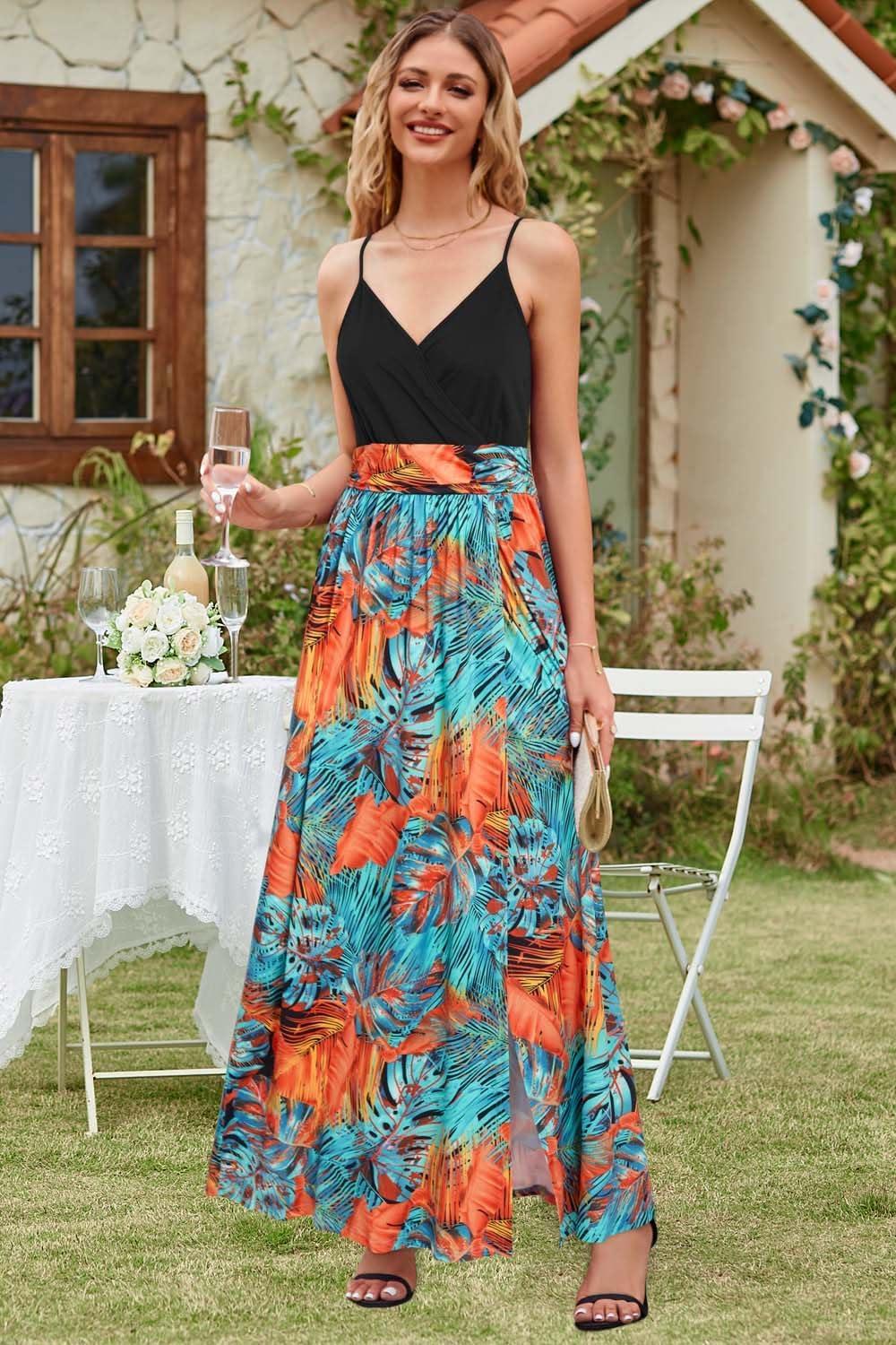 image:imageNewshows Womens 2026 Lightweight Summer Wedding Guest Beach Vacation Casual V Neck Split Flowy Maxi DressBlack Floral Blue Orange