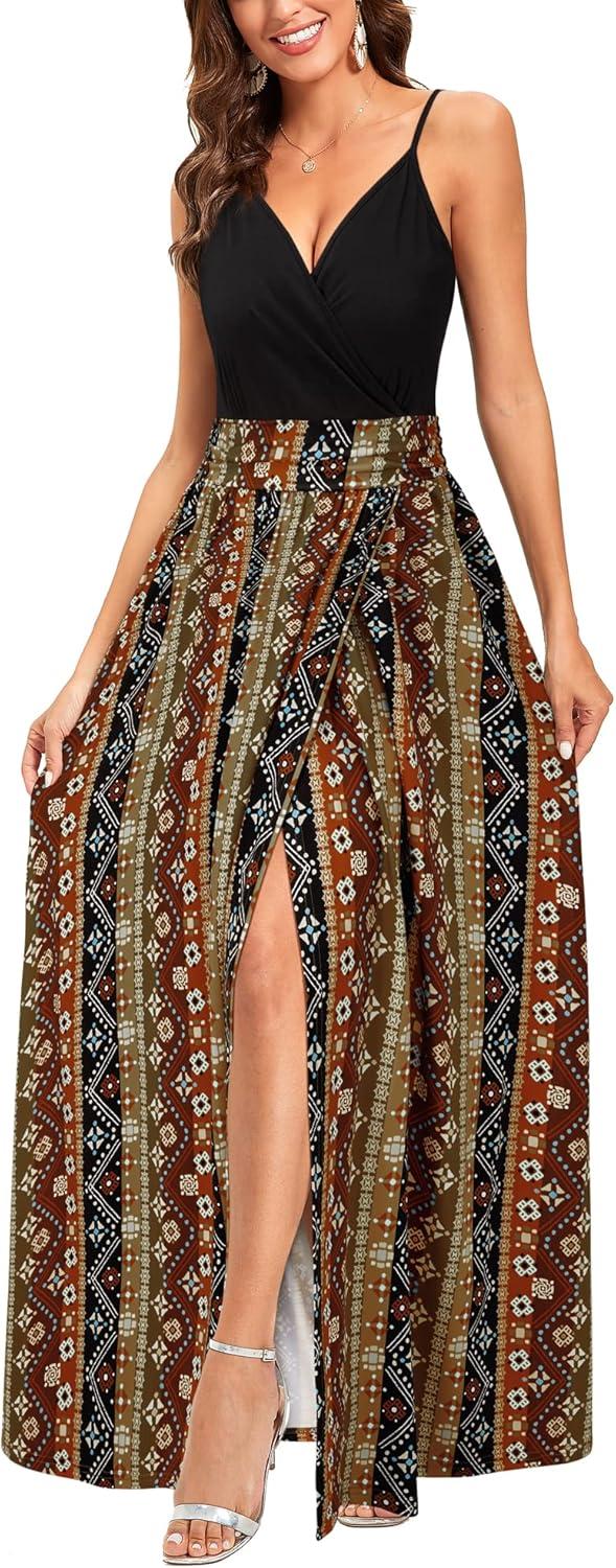 image:imageNewshows Womens 2026 Lightweight Summer Wedding Guest Beach Vacation Casual V Neck Split Flowy Maxi DressBlack Floral Brown