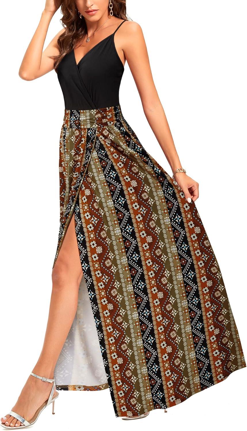image:imageNewshows Womens 2026 Lightweight Summer Wedding Guest Beach Vacation Casual V Neck Split Flowy Maxi DressBlack Floral Brown