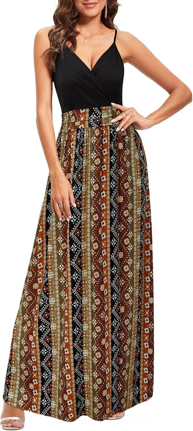 image:imageNewshows Womens 2026 Lightweight Summer Wedding Guest Beach Vacation Casual V Neck Split Flowy Maxi DressBlack Floral Brown