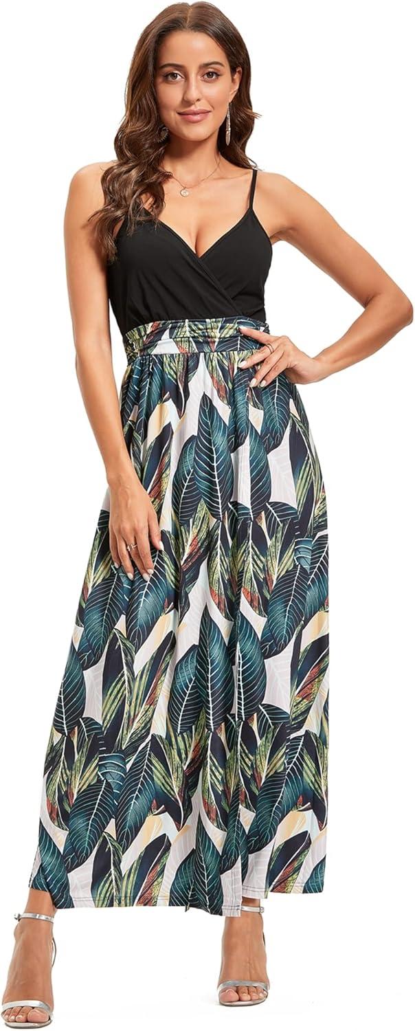 image:imageNewshows Womens 2026 Lightweight Summer Wedding Guest Beach Vacation Casual V Neck Split Flowy Maxi DressBlack Floral Leaf