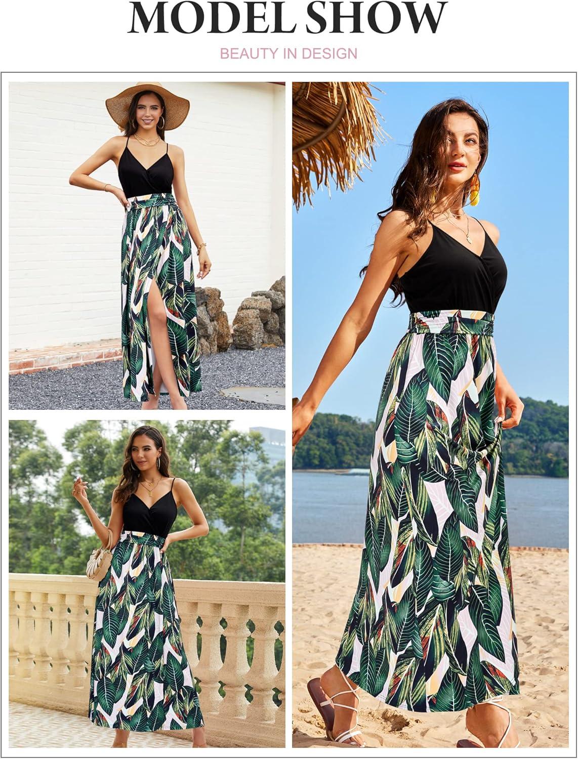 image:imageNewshows Womens 2026 Lightweight Summer Wedding Guest Beach Vacation Casual V Neck Split Flowy Maxi DressBlack Floral Leaf