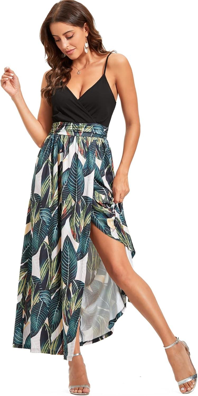 image:imageNewshows Womens 2026 Lightweight Summer Wedding Guest Beach Vacation Casual V Neck Split Flowy Maxi DressBlack Floral Leaf