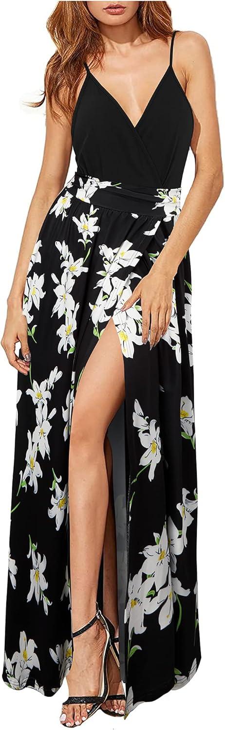 image:imageNewshows Womens 2026 Lightweight Summer Wedding Guest Beach Vacation Casual V Neck Split Flowy Maxi DressBlack Floral Lily