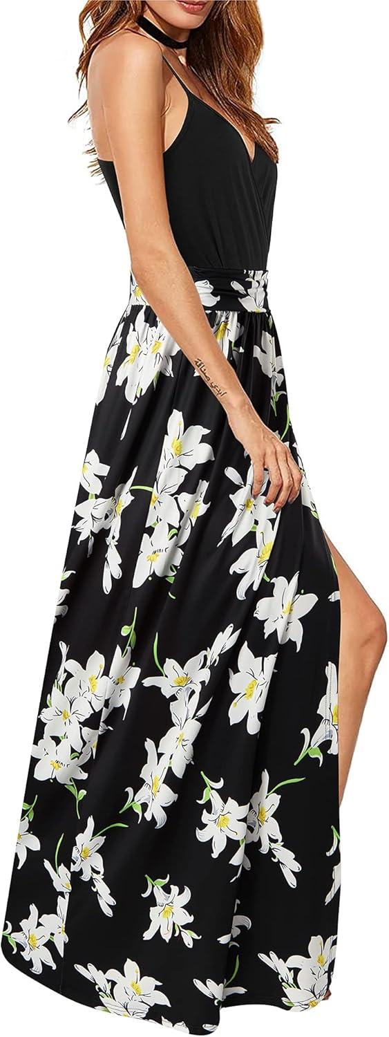 image:imageNewshows Womens 2026 Lightweight Summer Wedding Guest Beach Vacation Casual V Neck Split Flowy Maxi DressBlack Floral Lily