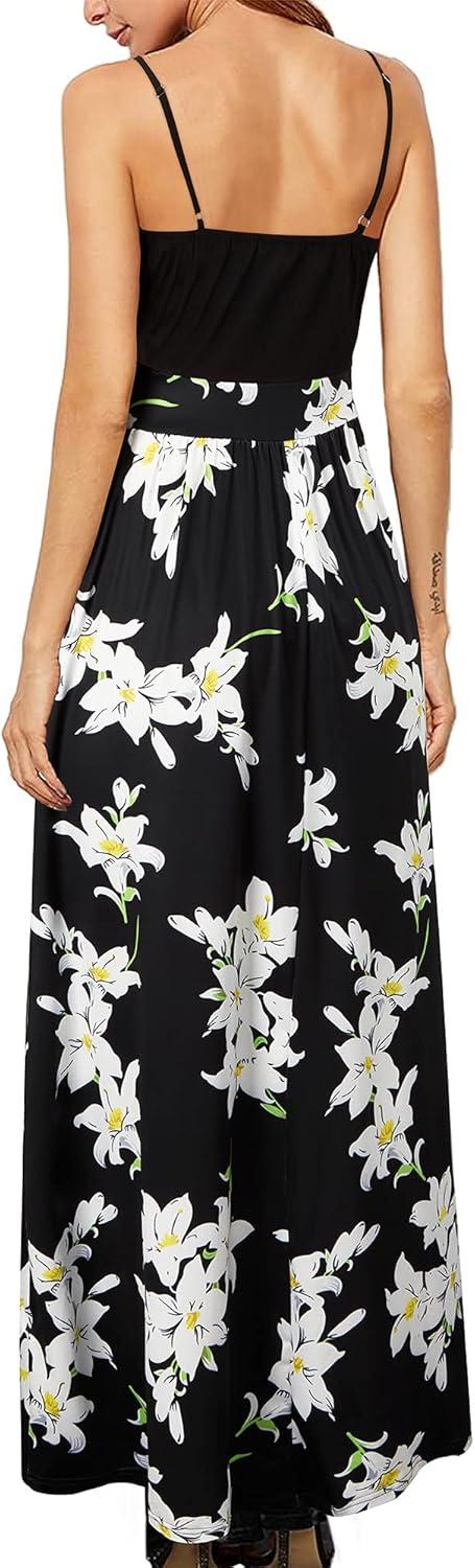 image:imageNewshows Womens 2026 Lightweight Summer Wedding Guest Beach Vacation Casual V Neck Split Flowy Maxi DressBlack Floral Lily
