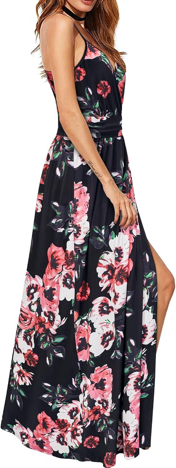 image:imageNewshows Womens 2026 Lightweight Summer Wedding Guest Beach Vacation Casual V Neck Split Flowy Maxi DressBlack Floral Pink