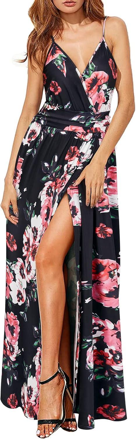 image:imageNewshows Womens 2026 Lightweight Summer Wedding Guest Beach Vacation Casual V Neck Split Flowy Maxi DressBlack Floral Pink