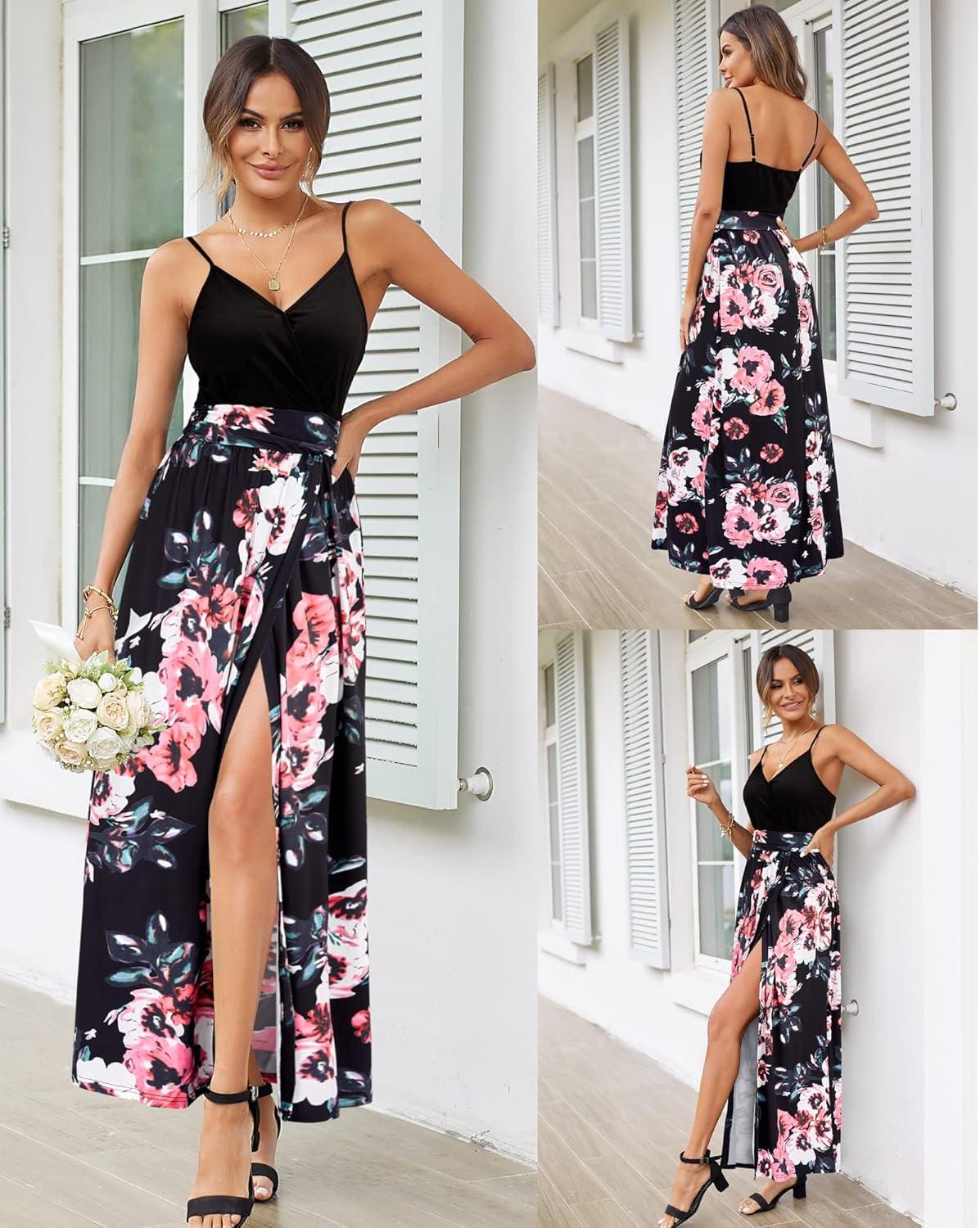 image:imageNewshows Womens 2026 Lightweight Summer Wedding Guest Beach Vacation Casual V Neck Split Flowy Maxi DressBlack Floral Pink White
