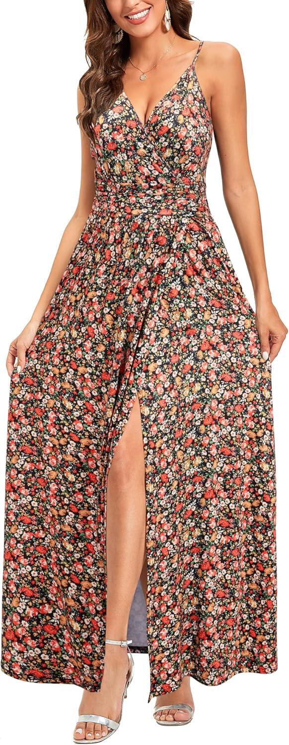 image:imageNewshows Womens 2026 Lightweight Summer Wedding Guest Beach Vacation Casual V Neck Split Flowy Maxi DressBlack Floral Red