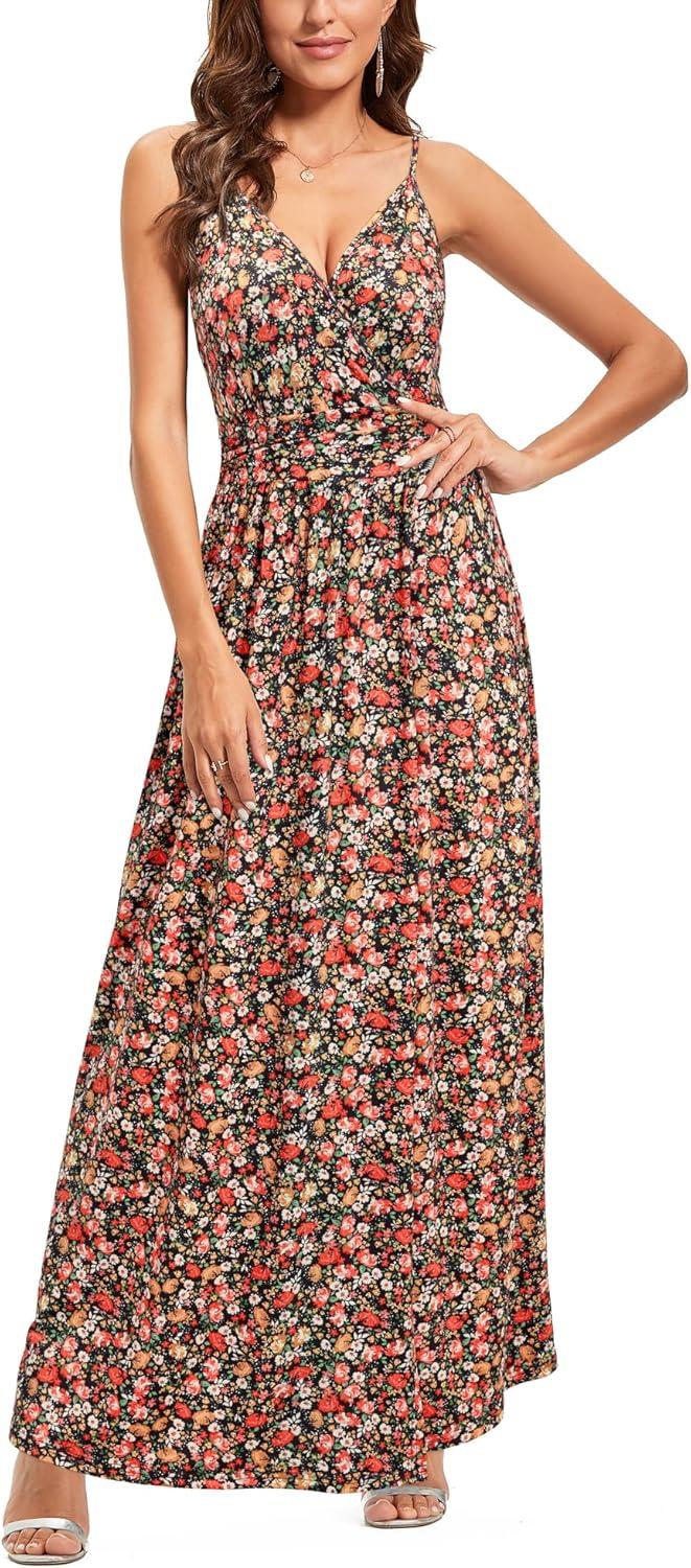 image:imageNewshows Womens 2026 Lightweight Summer Wedding Guest Beach Vacation Casual V Neck Split Flowy Maxi DressBlack Floral Red
