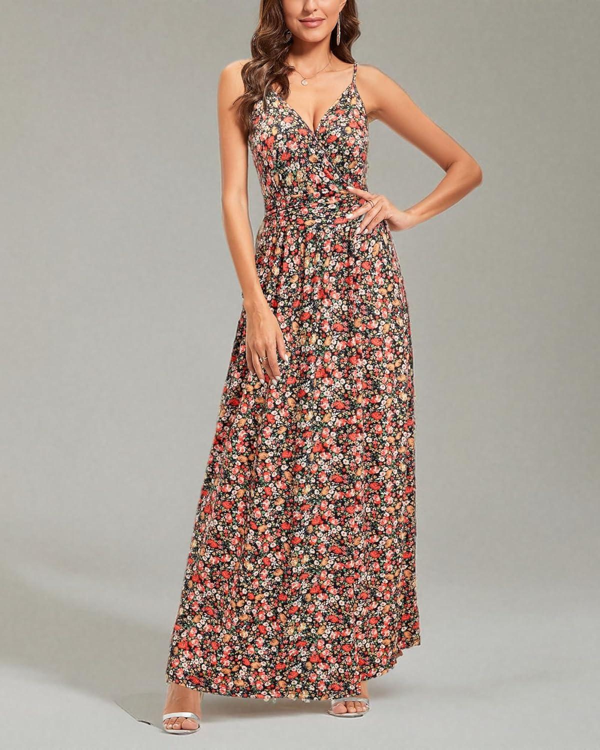image:imageNewshows Womens 2026 Lightweight Summer Wedding Guest Beach Vacation Casual V Neck Split Flowy Maxi DressBlack Floral Red