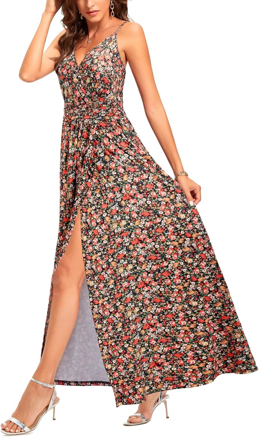 image:imageNewshows Womens 2026 Lightweight Summer Wedding Guest Beach Vacation Casual V Neck Split Flowy Maxi DressBlack Floral Red
