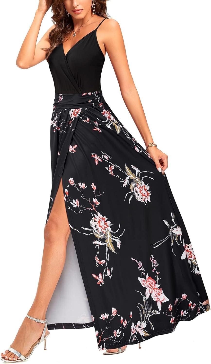 image:imageNewshows Womens 2026 Lightweight Summer Wedding Guest Beach Vacation Casual V Neck Split Flowy Maxi DressBlack Floral Red White