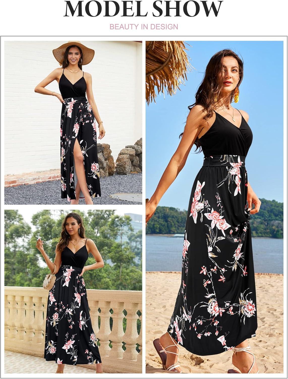 image:imageNewshows Womens 2026 Lightweight Summer Wedding Guest Beach Vacation Casual V Neck Split Flowy Maxi DressBlack Floral Red White