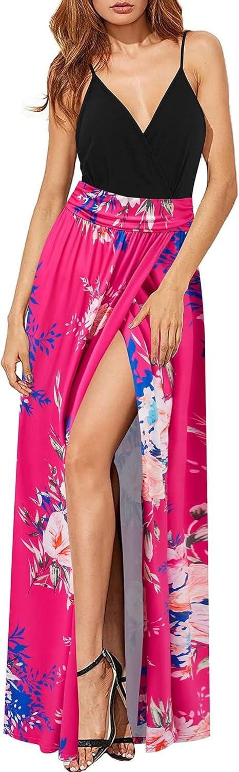 image:imageNewshows Womens 2026 Lightweight Summer Wedding Guest Beach Vacation Casual V Neck Split Flowy Maxi DressBlack Floral Rose