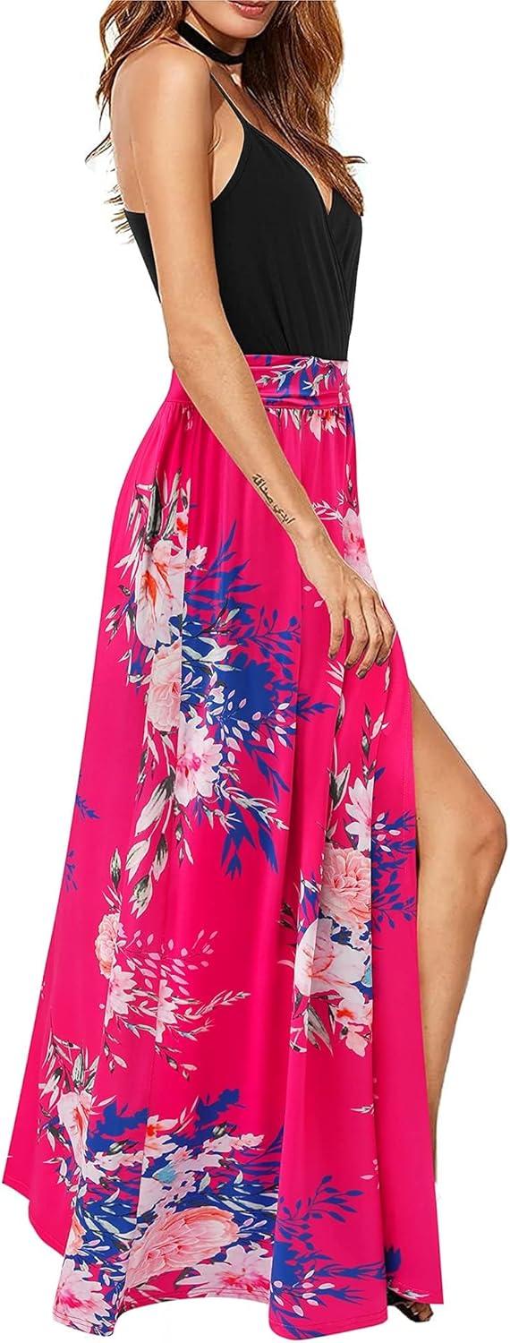 image:imageNewshows Womens 2026 Lightweight Summer Wedding Guest Beach Vacation Casual V Neck Split Flowy Maxi DressBlack Floral Rose