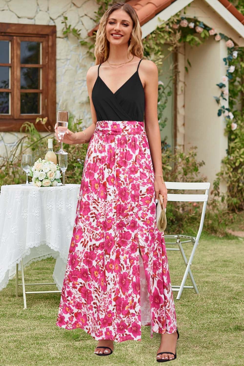 image:imageNewshows Womens 2026 Lightweight Summer Wedding Guest Beach Vacation Casual V Neck Split Flowy Maxi DressBlack Floral Rose White